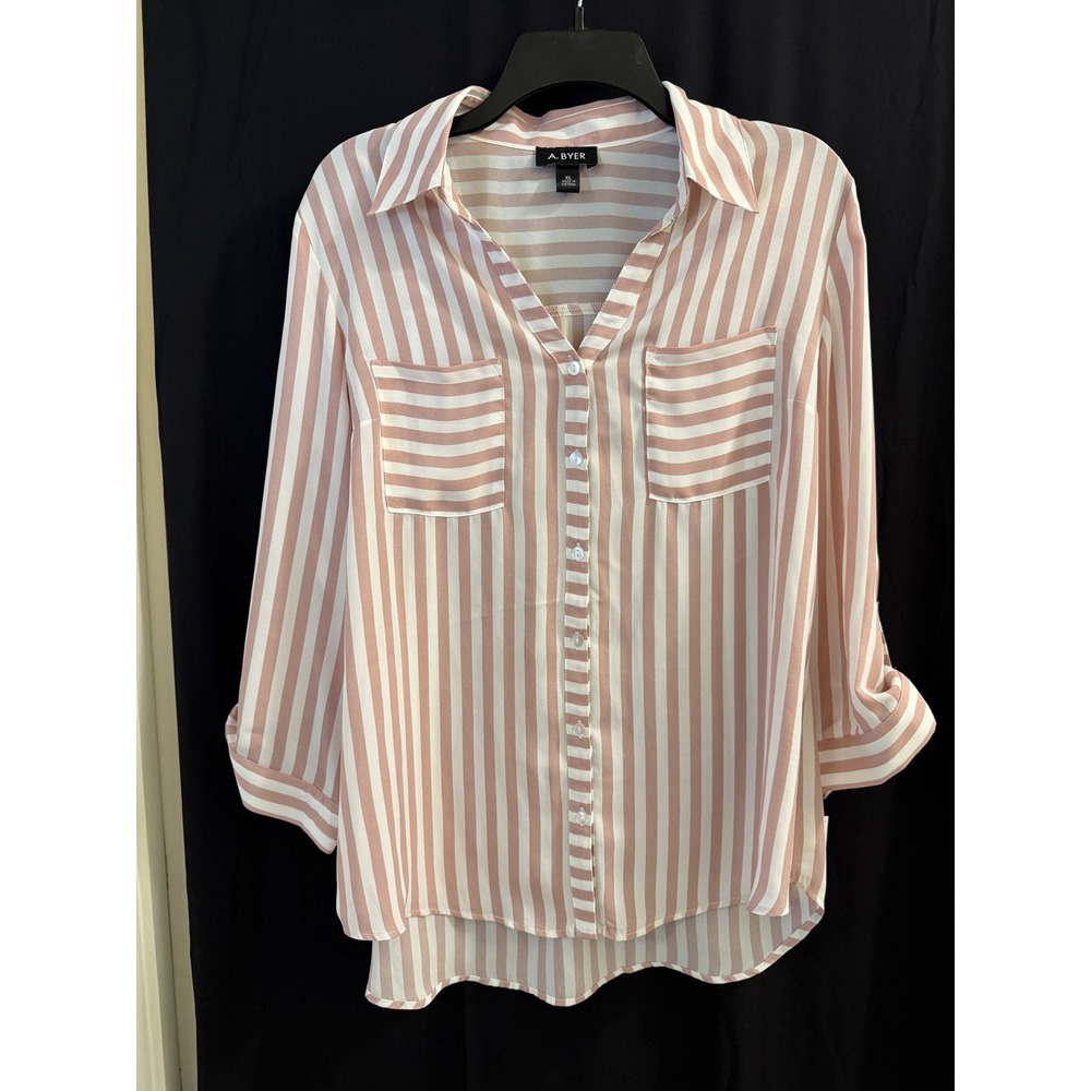 NWT Byer Women's Top XL Button Up Stripes Mauve & White Adjustable Sleeves